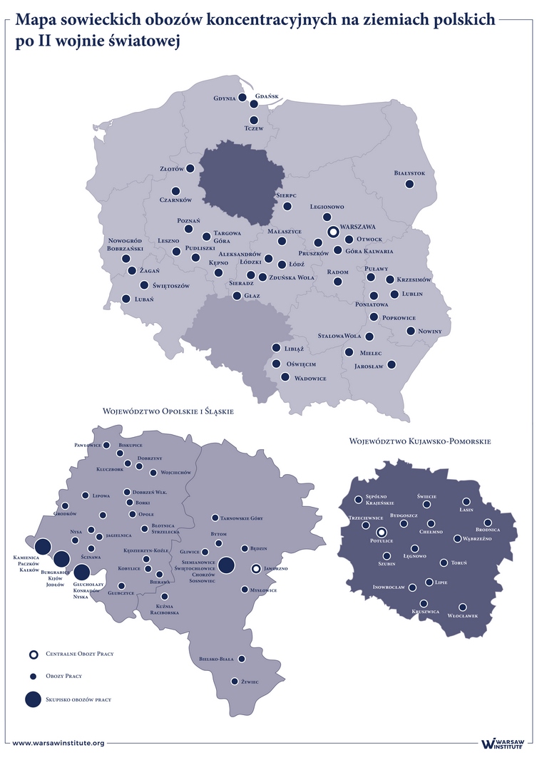 Mapa sowieckich obozów koncentracyjnych na ziemiach polskich po II wojnie światowej